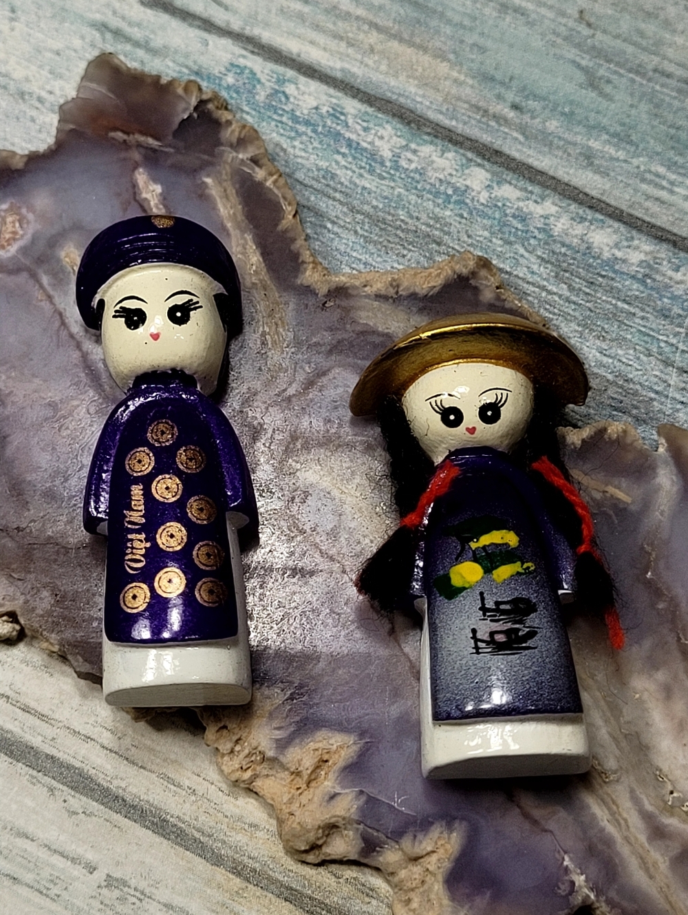Vietnamese Ceramic Couple Dolls Refrigerator Magnets - Purple